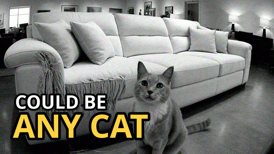 Episode 2 thumbnail: security camera footage of a cat on a shredded sofa